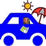 blaues Auto, Landkarte, Sonnenschirm, Sonne, blonde Fahrerin